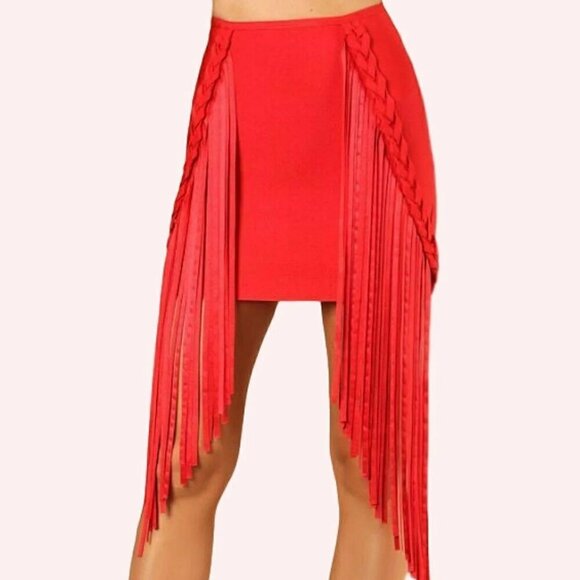 CRIMSON RED BODY-CON BANDAGE FRINGE MINI SKIRT - Picture 4 of 8
